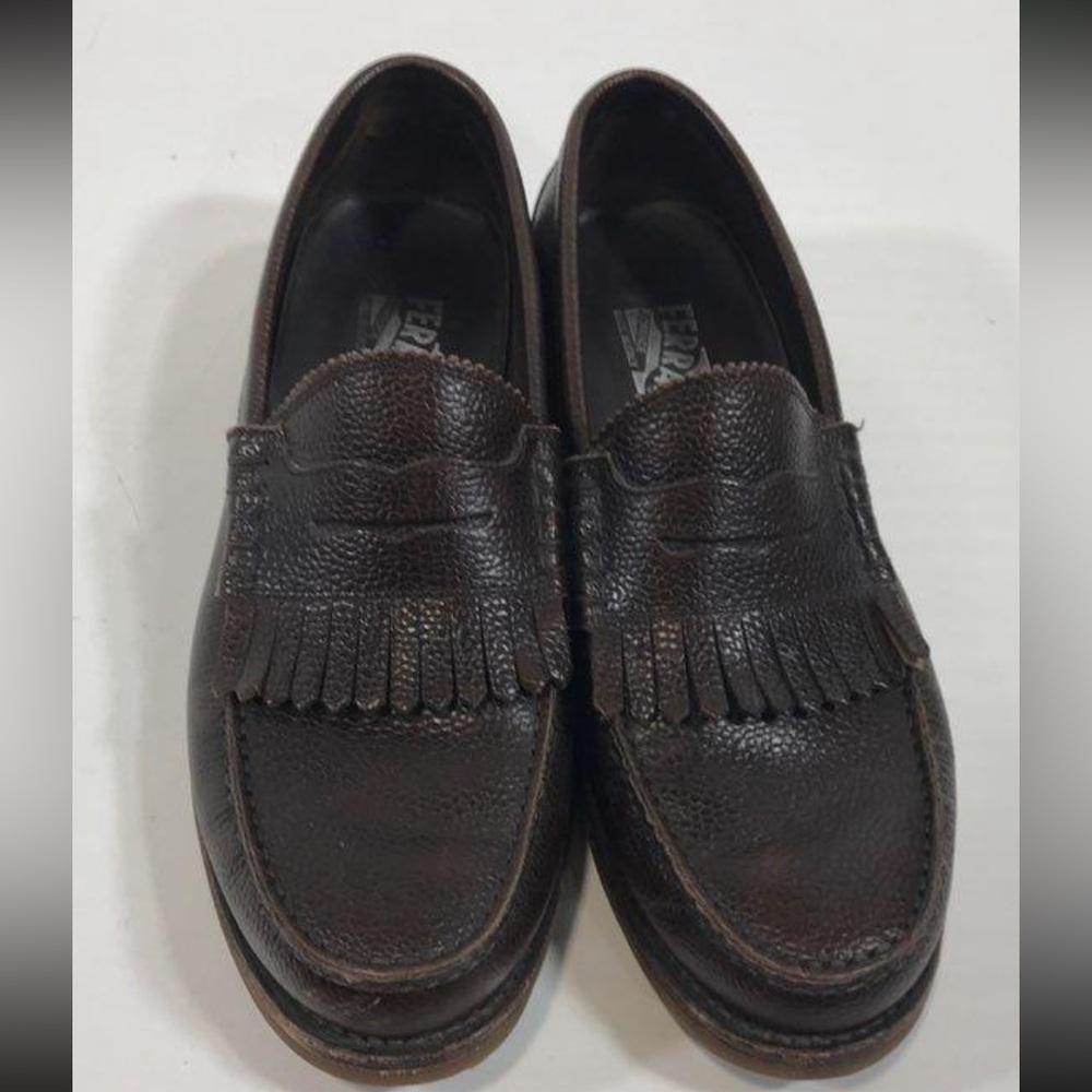 Men’s Salvatore Ferragamo Brown Leather Kiltie Slip On Loafers Size 8.5D